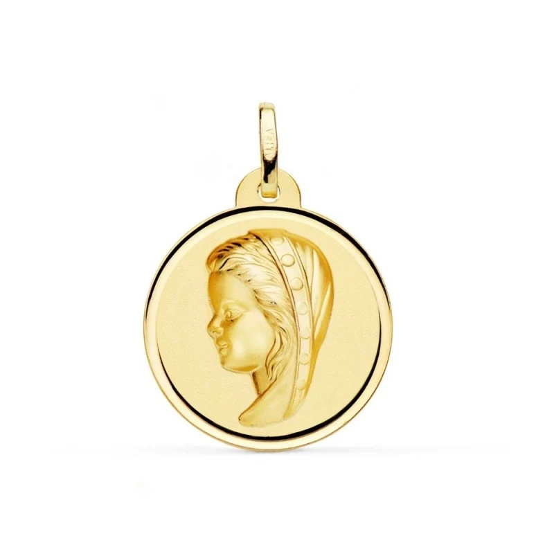 Virgen Niña medalla oro 18k Primera Comunión colgante 24 mm. detalle
