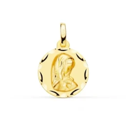 Virgen Niña medalla oro 18k Primera Comunión colgante 14 mm. detalles
