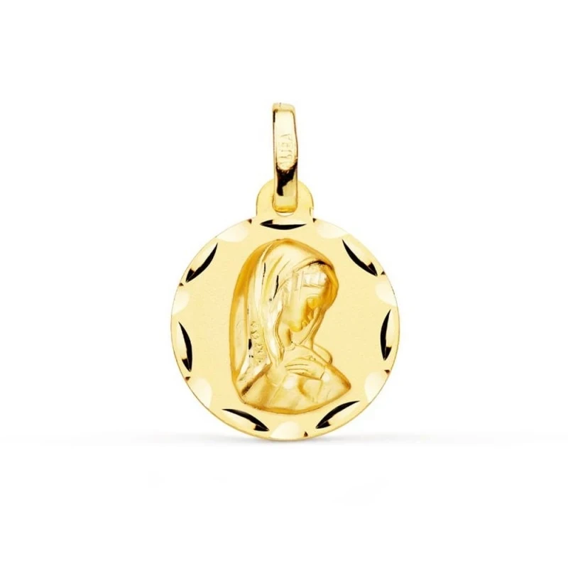 Virgen Niña medalla oro 18k Primera Comunión colgante 14 mm. detalles