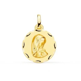 Virgen Niña medalla oro 18k Primera Comunión colgante 16 mm. detalles
