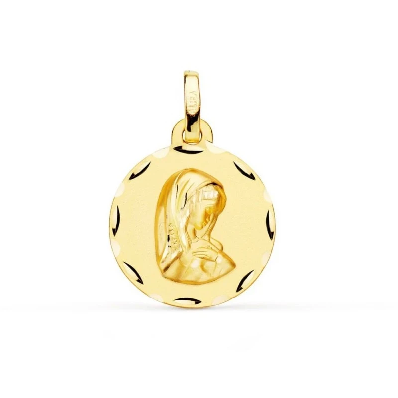 Virgen Niña medalla oro 18k Primera Comunión colgante 16 mm. detalles