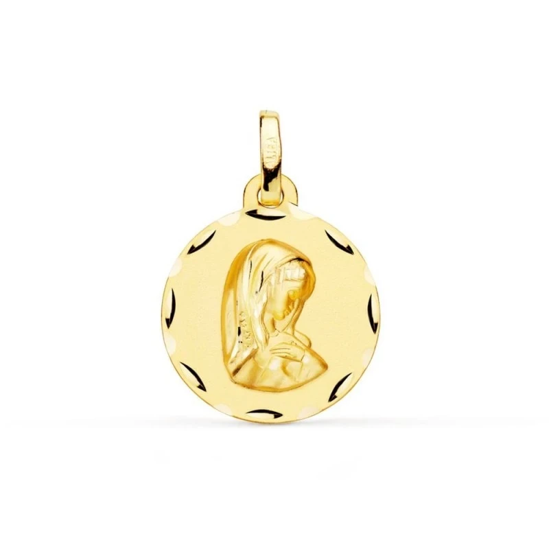 Virgen Niña medalla oro 18k Primera Comunión colgante 18 mm. detalles