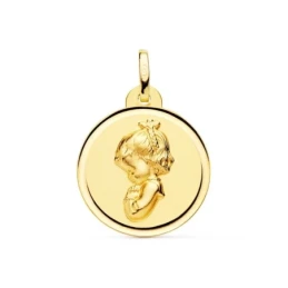Virgen Niña medalla oro 18k Primera Comunión colgante 20 mm. detalle