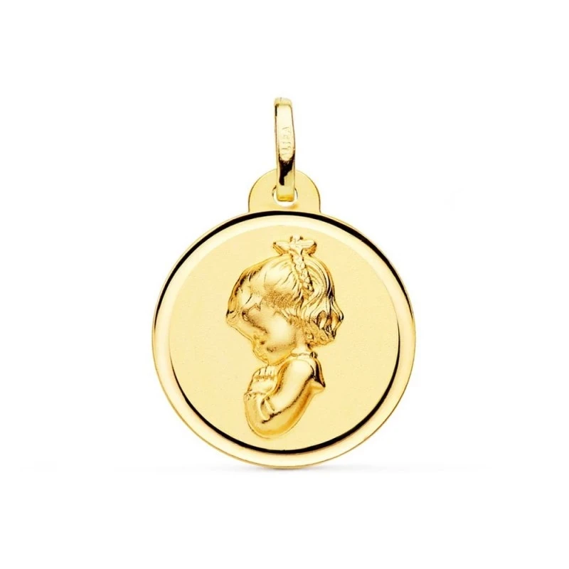 Virgen Niña medalla oro 18k Primera Comunión colgante 20 mm. detalle