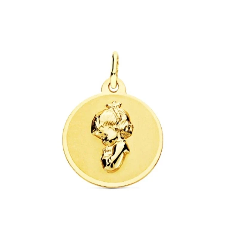 Virgen Niña medalla oro 18k Primera Comunión colgante 16 mm. mate bri