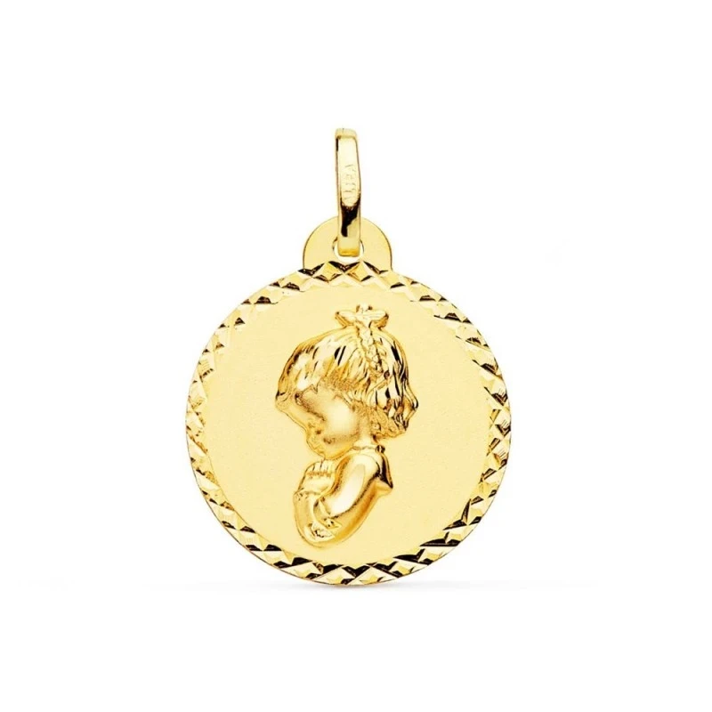 Virgen Niña medalla oro 18k Primera Comunión colgante 20 mm. bisel ta