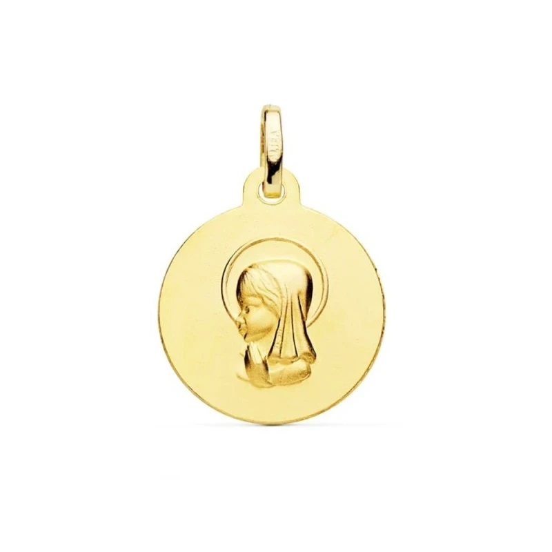 Virgen Niña medalla oro 18k Primera Comunión colgante 16 mm. relieve