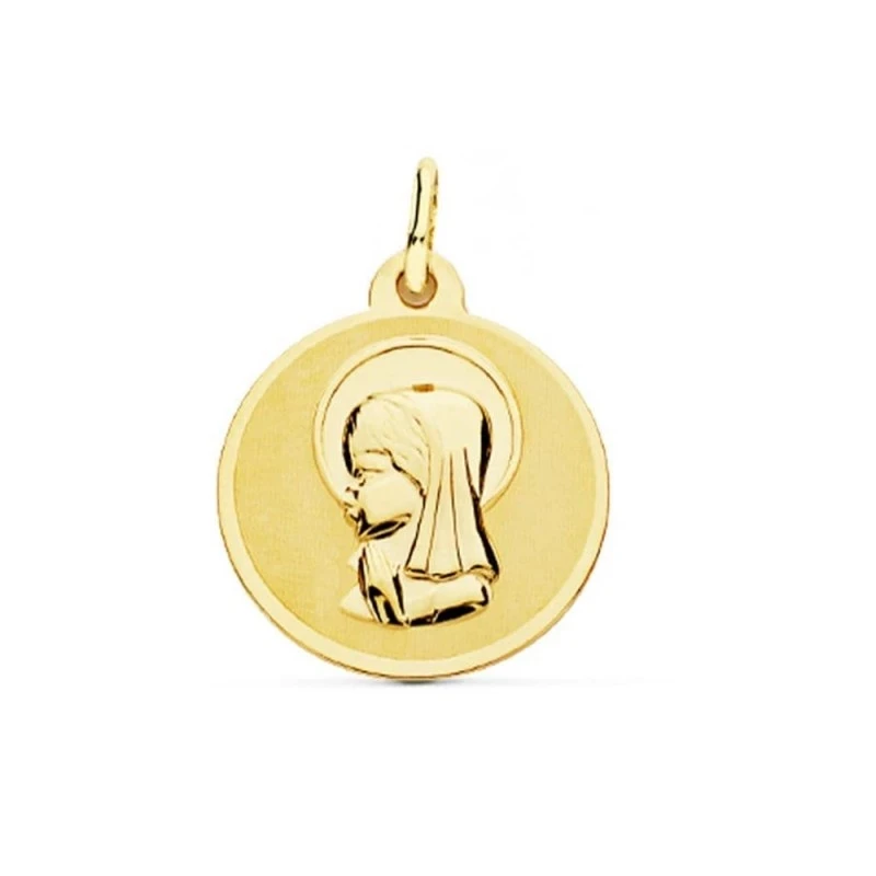 Virgen Niña medalla oro 18k Primera Comunión colgante 18 mm. mate bri