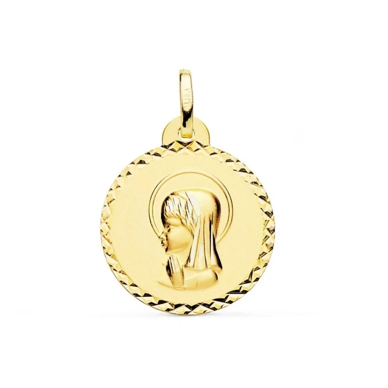 Virgen Niña medalla oro 18k Primera Comunión colgante 20 mm. detalles