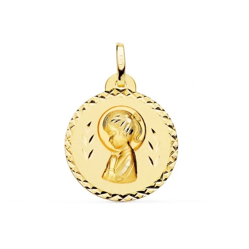 Virgen Niña medalla oro 18k Primera Comunión colgante 20 mm. detalles