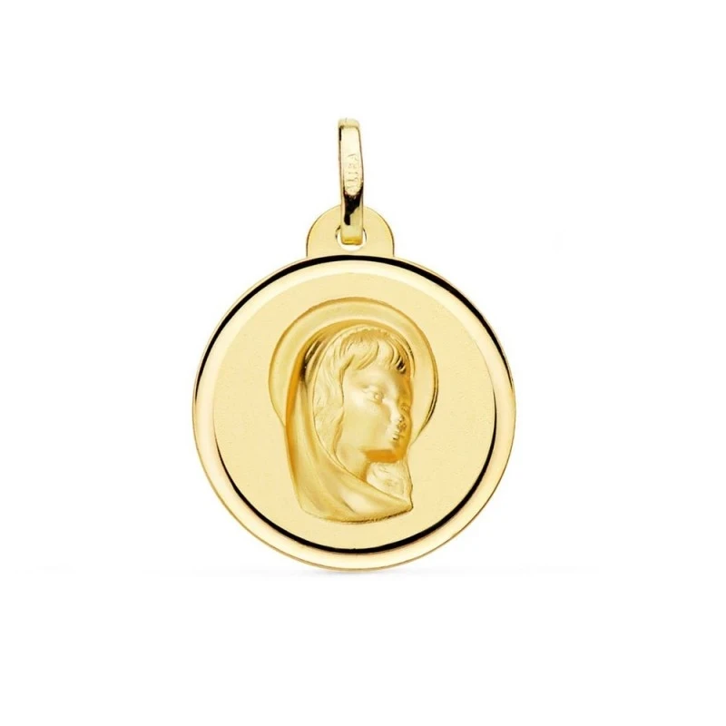 Virgen Niña medalla oro 18k Primera Comunión 20 mm. lisa bisel