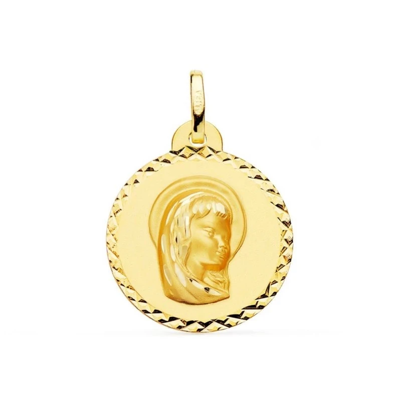 Virgen Niña medalla oro 18k Primera Comunión 20 mm. detalles tallados
