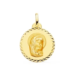 Virgen Niña medalla oro 18k Primera Comunión 20 mm. detalles tallados