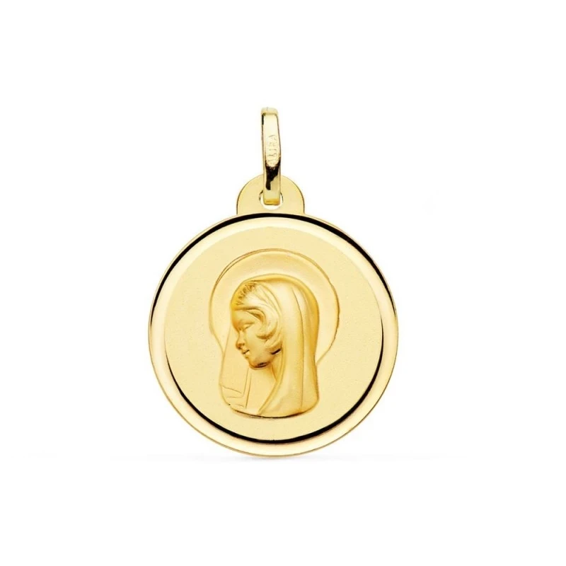 Virgen María medalla oro 18k Primera Comunión 20 mm. bisel liso