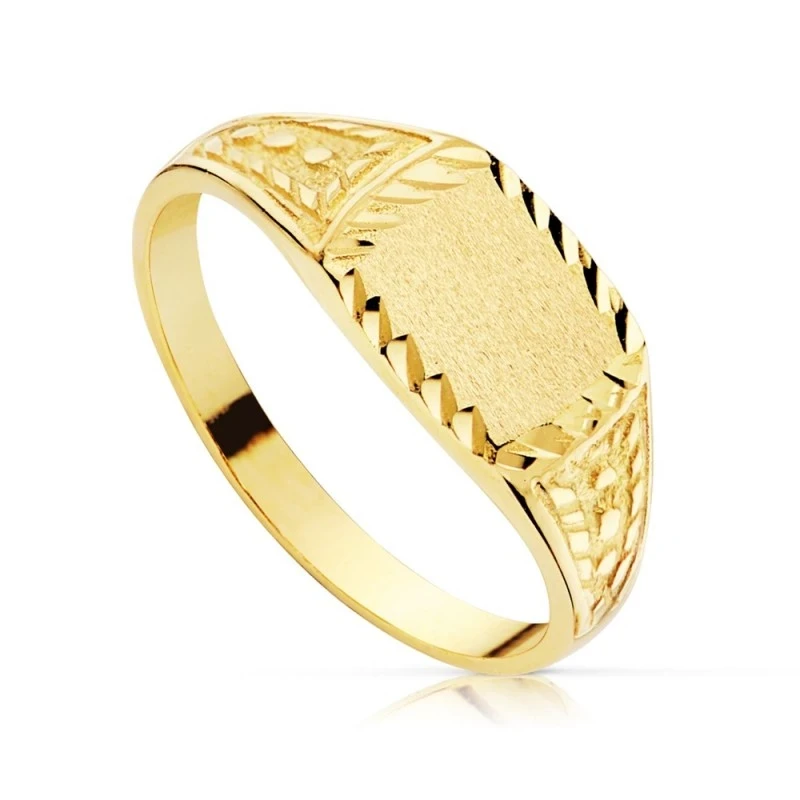 Sello oro 18k cadete centro rectangular detalles talladas lateral