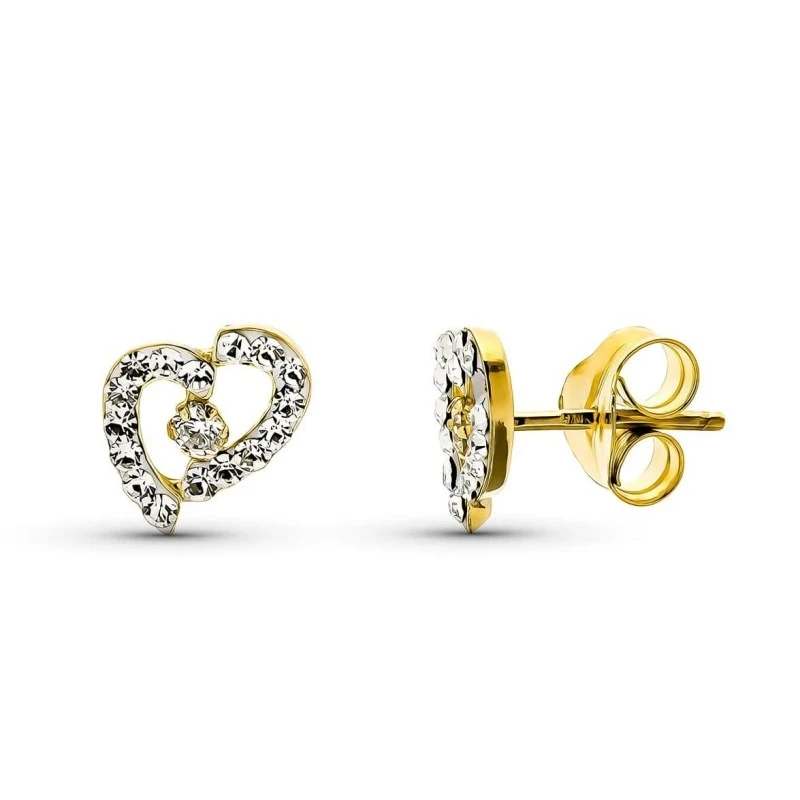 Pendientes en Oro Bicolor de 9k con forma de corazón de 9 mm. con cir