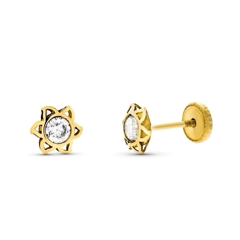 Pendientes en Oro de 9k con forma de sol 6 mm. calado y circonita en