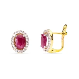 Pendientes en Oro Bicolor de 9k de 6 mm. con rubí ovalado en el centr
