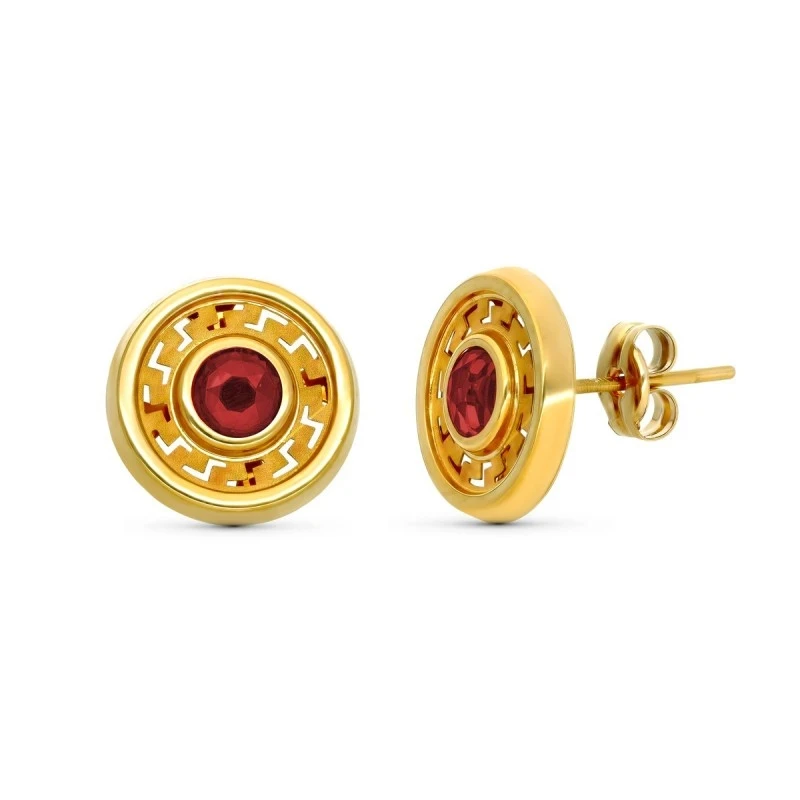 Pendientes en Oro de 9k con 11 mm. y piedra roja en el centro combina