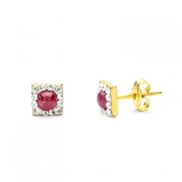 Pendientes Oro 9k cuadrados de 6 mm. con circonitas y piedra cabujón