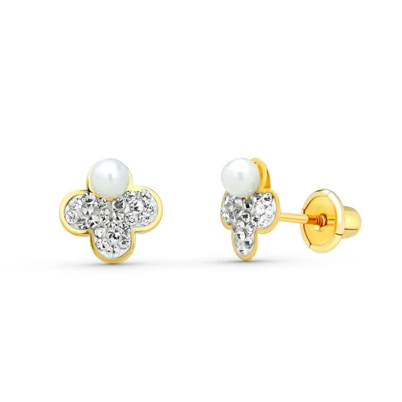 Pendientes Oro 9k de 7 mm. forma de trebol con circonitas y perla no