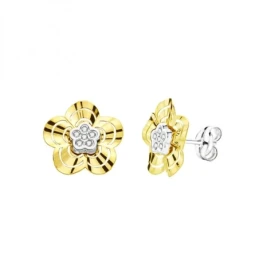 Pendientes en Oro Bicolor de 9k con 10 mm. forma de flor calada con c