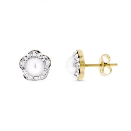 Pendientes Oro Bicolor de 9k con forma de flor de 7 mm. con perla no
