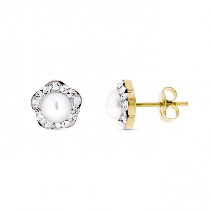 Pendientes Oro Bicolor de 9k con forma de flor de 7 mm. con perla no