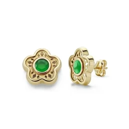 Pendientes en Oro de 9k con forma de flor calada y piedra verde en el