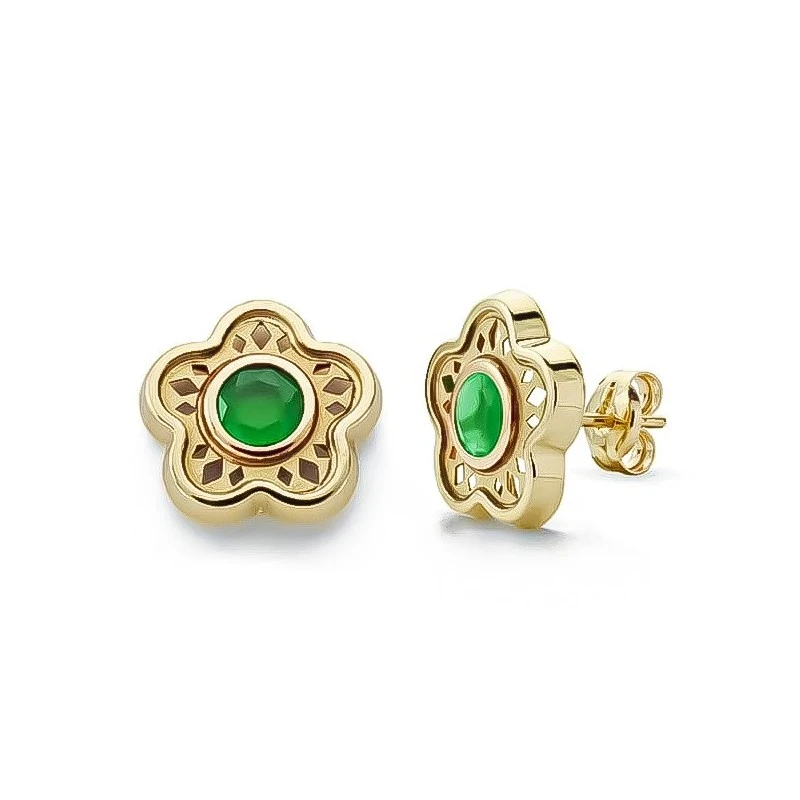 Pendientes en Oro de 9k con forma de flor calada y piedra verde en el