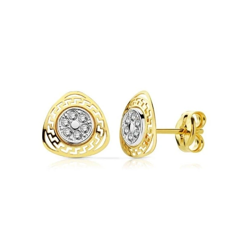Pendientes en Oro Bicolor 9k triángulo de 8 mm. calado greca con circ
