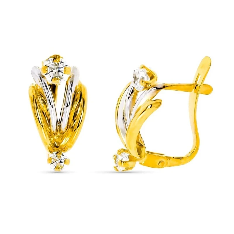 Pendientes Oro Bicolor 9k bandas lisas con detalle de circonitas