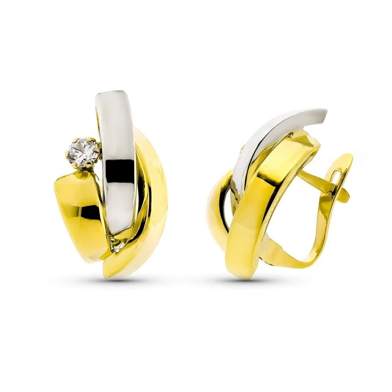 Pendientes en Oro Bicolor de 9k bandas de 17 mm. lisas con circonita