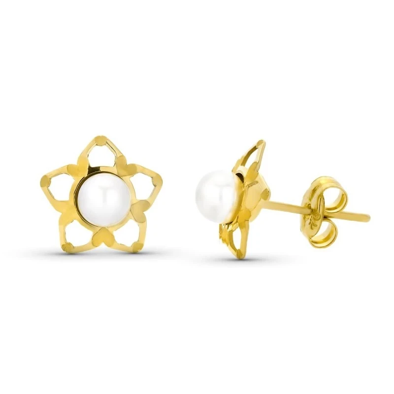 Pendientes Oro 9k con forma de flor de 9 mm. calados con perla no nat