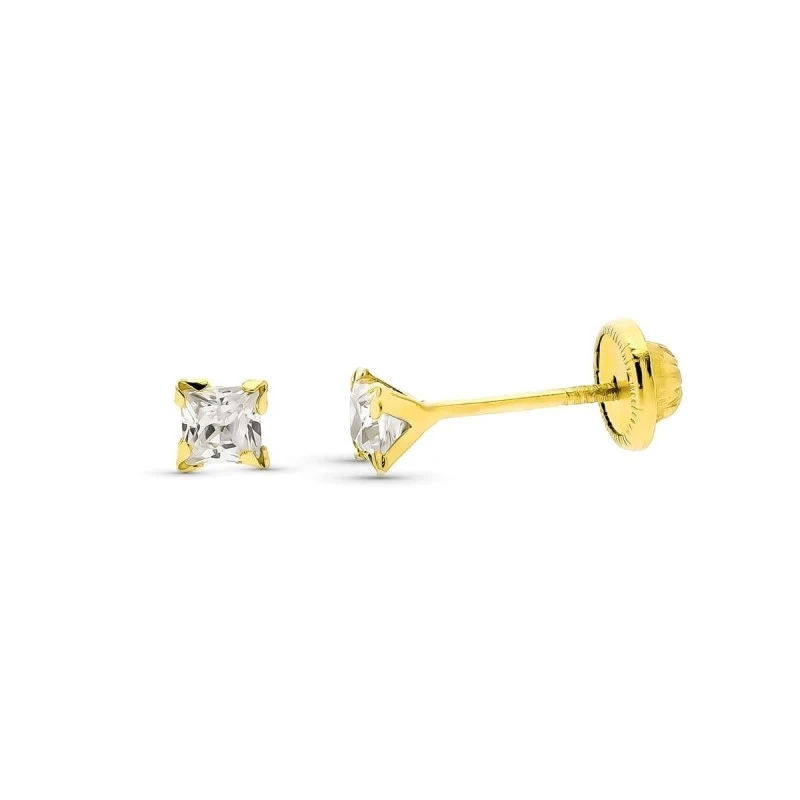 Pendientes en Oro de 9k con circonita cuadrada de 3 mm.