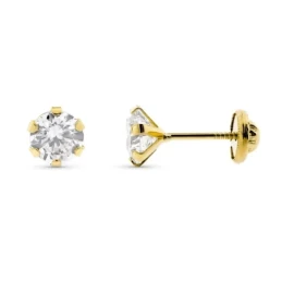 Pendientes en Oro de 9k con circonita redonda de 6 mm. con garras