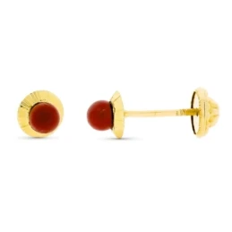 Pendientes en Oro de 9k con piedra coral redonda de 4 mm. y detalles