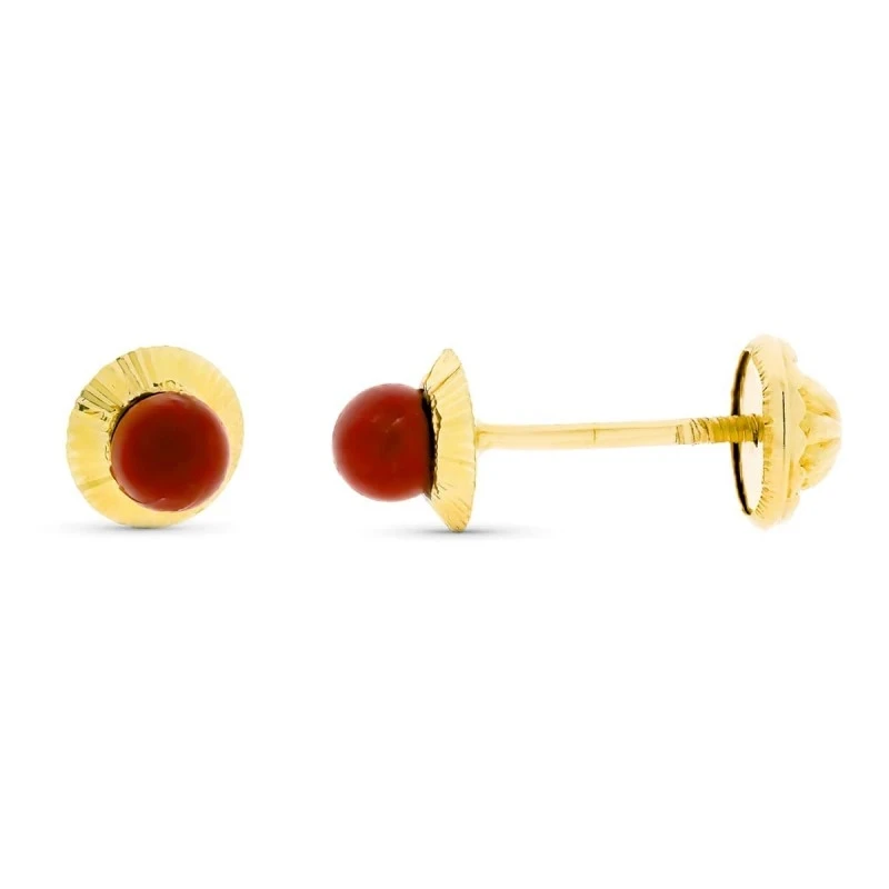 Pendientes en Oro de 9k con piedra coral redonda de 4 mm. y detalles