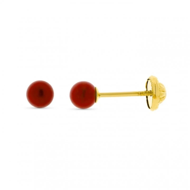 Pendientes en Oro de 9k con piedra coral redonda de 4 mm.