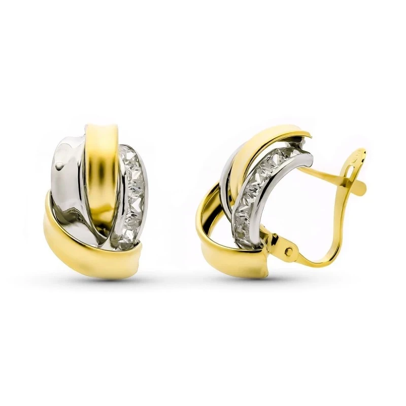 Pendientes en Oro Bicolor de 9k con bandas de 15 mm. lisas y circonit