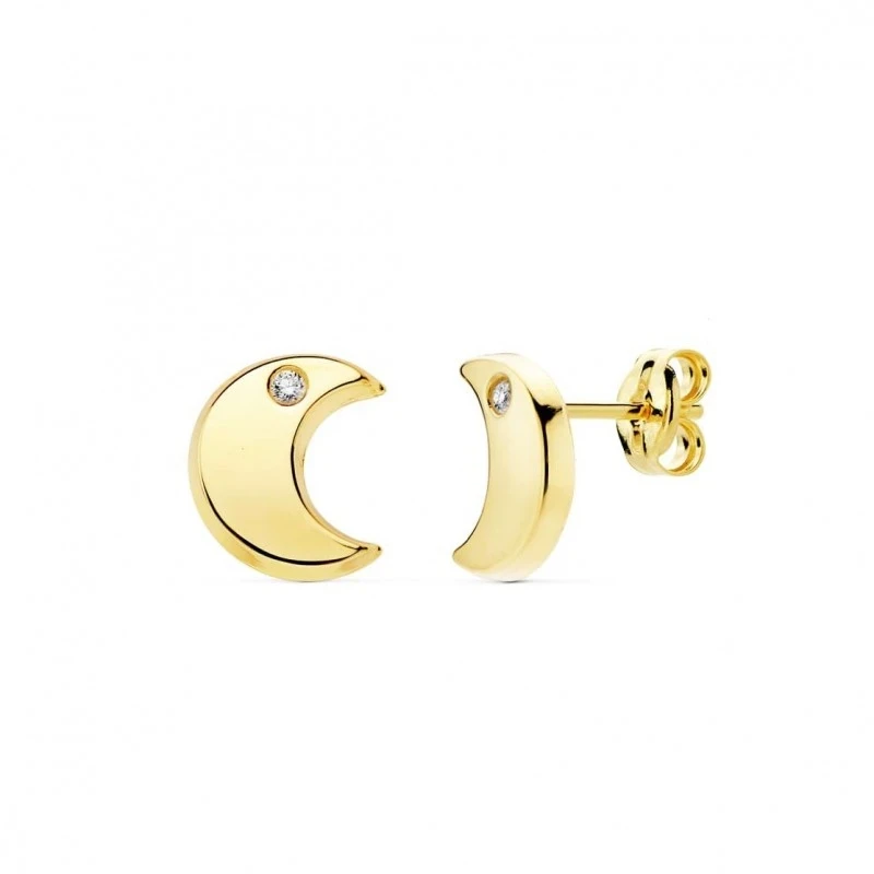 Pendientes en Oro de 9k con forma de luna de 9 mm. lisa y detalle de