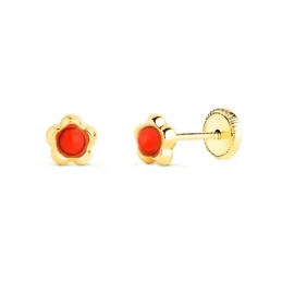 Pendientes en Oro de 9k con forma de flor de 5 mm. con piedra coral d