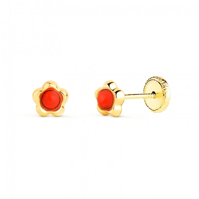 Pendientes en Oro de 9k con forma de flor de 5 mm. con piedra coral d
