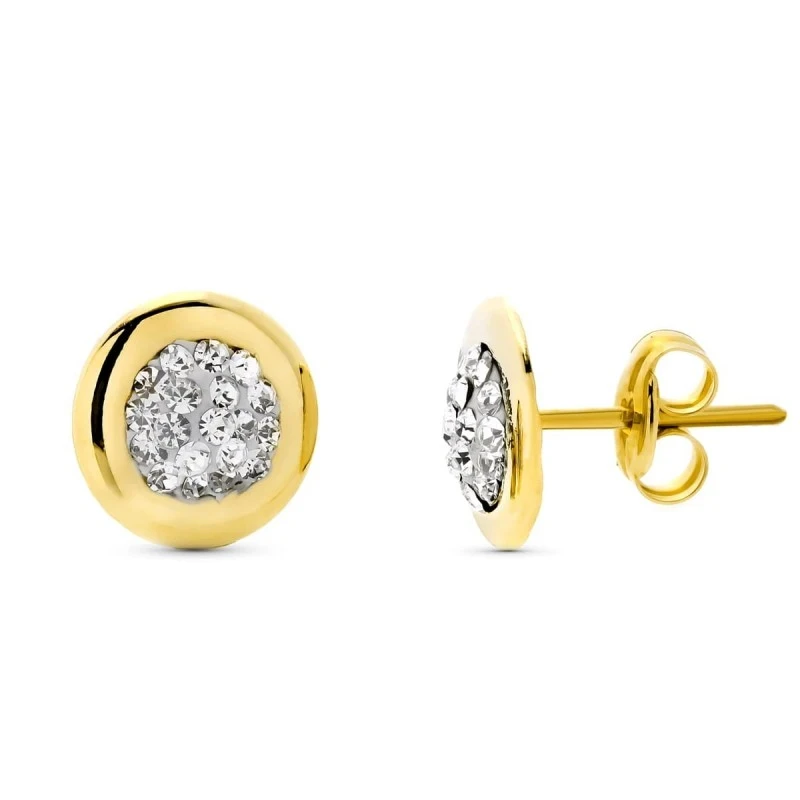 Pendientes en Oro Bicolor de 9k redondos de 8 mm. con circonitas
