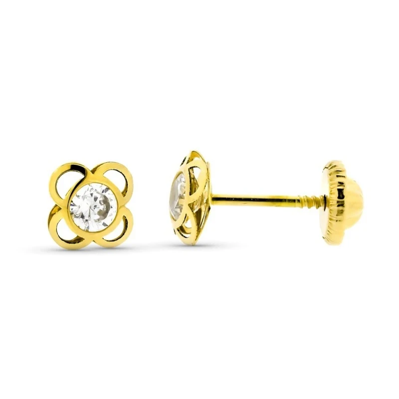 Pendientes en Oro de 9k con flor calada de 4 mm. y circonita en el ce