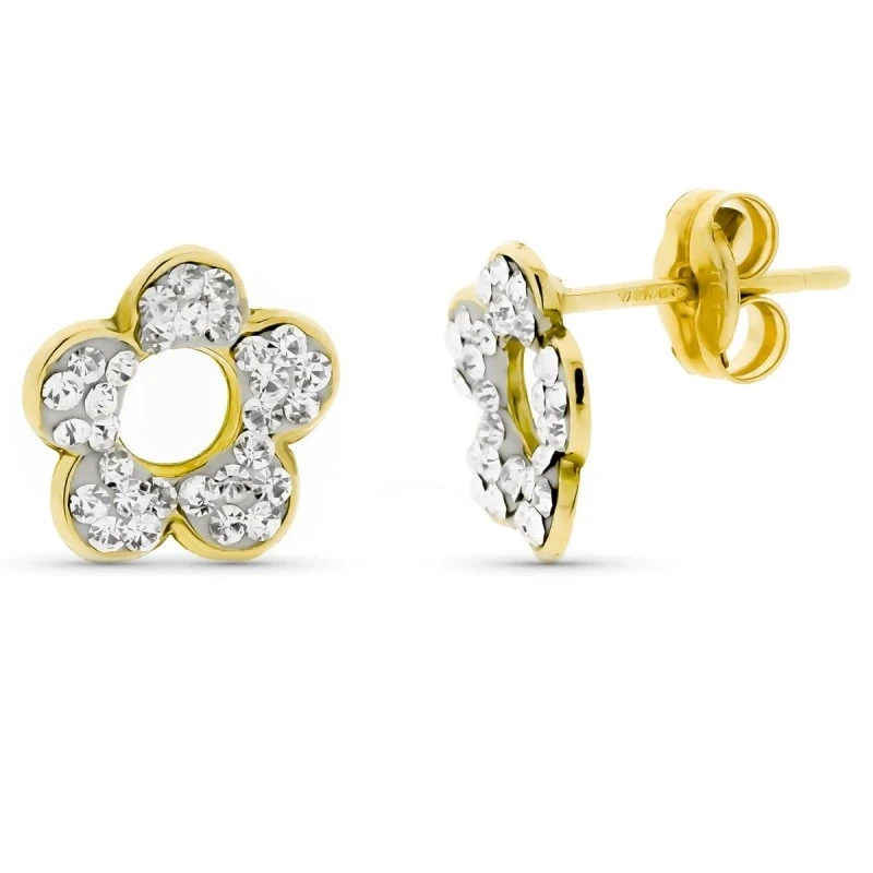 Pendientes en Oro de 9k flor de 9 mm. calada con circonitas