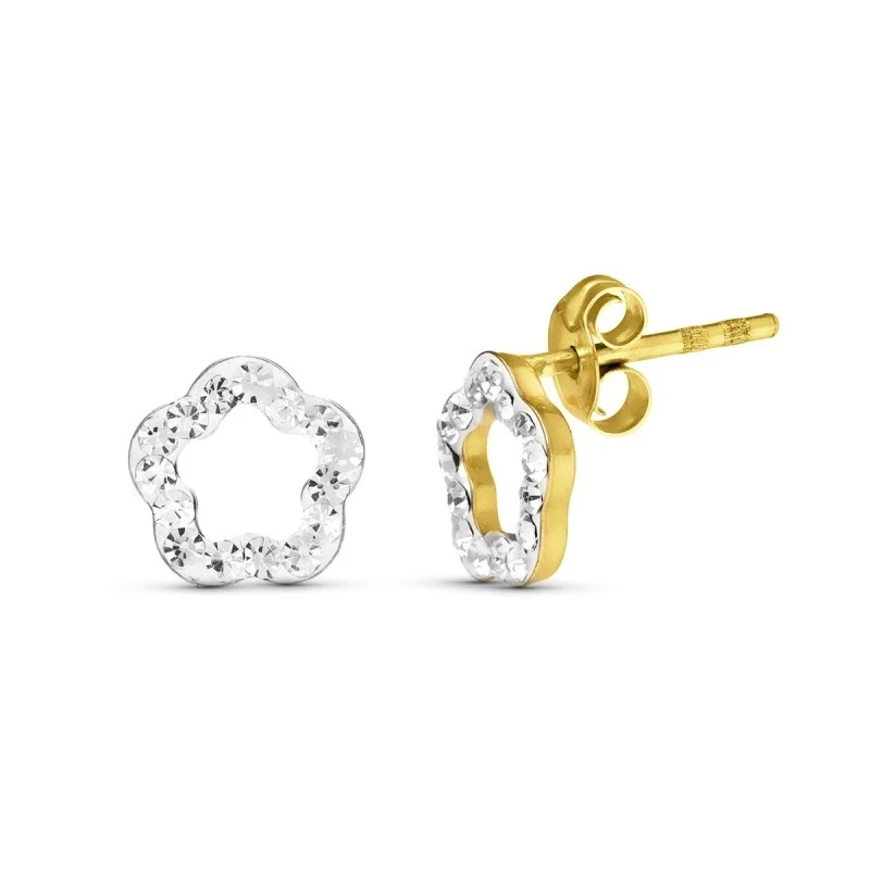 Pendientes Oro Bicolor 9k con forma de flor 7 mm. calada con circonit