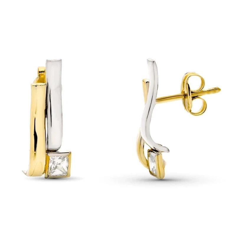 Pendientes en Oro Bicolor 9k de 15 mm. con dos barras verticales lisa