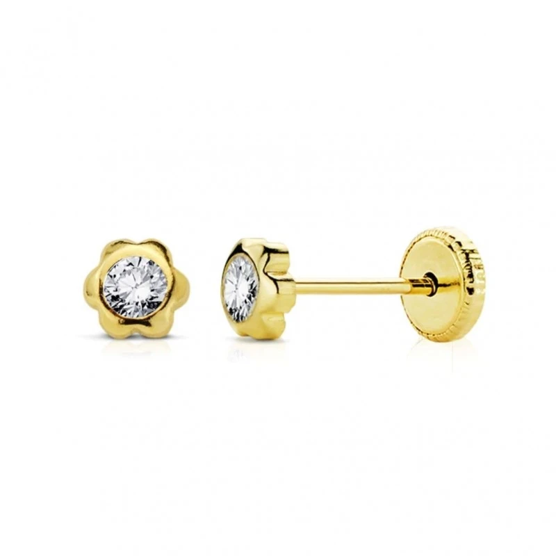 Pendientes Oro de 9k con forma de margarita de 5 mm. y circonita en e