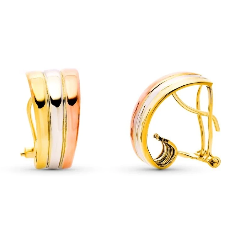Pendientes en Oro Tricolor de 9k con 18 mm. y tres bandas lisas